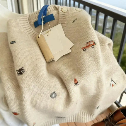 Korean Style Children's Sweater Cartoon Embroidery Knitted Sweater Autumn Winter Girls Versatile Pullover Tops Bottoming Shirt