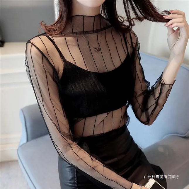 Sexy Black Hollow Out Mesh T-Shirt Transparent Mesh female Tops Long sleeve Basic Shirts SeeThrough Turtleneck Women Tshirts
