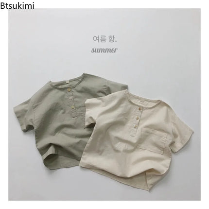 Retro Breathable Polo Shirt Korean Style Children's Summer Cotton and Linen Round Neck T-shirt Boys Girls Simple and Loose Top