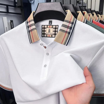 Luxury brand short sleeve polo shirt men's summer silk cotton comfortable breathable plaid lapel top fashion casual golf T-shirt