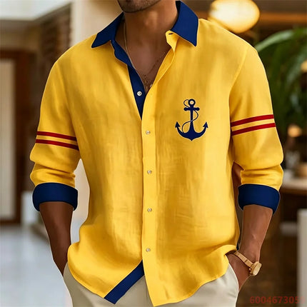 2026 Summer New Men's Long-Sleeve Shirt, Contrasting Collar with Anchor Print, Fashionable Casual Hawaiian Shirt, XS-6XL
