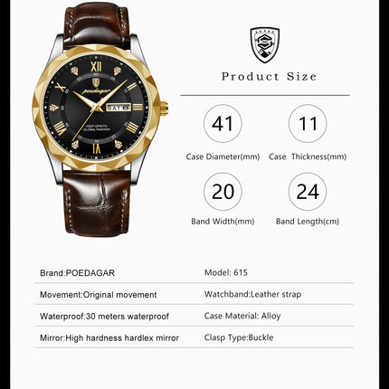 POEDAGAR Original Luxury Men's Watch Waterproof Luminous Date Week Sports Men's Watches Classic Business Quartz Leather Men Watch