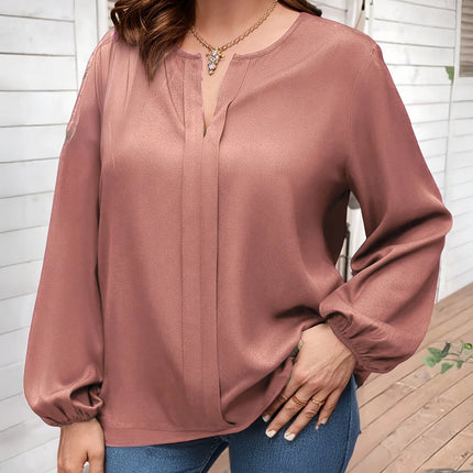 Plus Size Women's Mauve Satin Long Sleeve Blouse V-Neck Loose Fit Lantern Sleeve Casual Office Top 2025