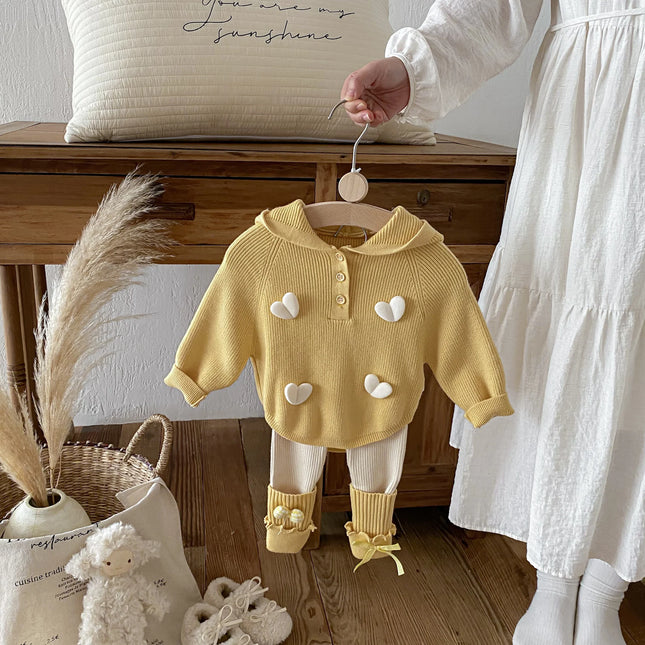 Autumn and winter girl sweater set, cute heart-shaped hooded cape top + knitted leggings, sweet outdoor knitted set