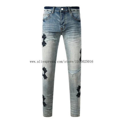 Fashion Americans Brands Men's Jeans Luxury Streetwear Holes Long Trousers Quality Male Stretch Slim Pants Skinny Trousers