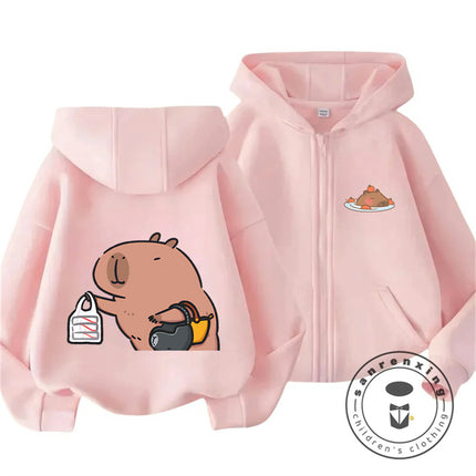 Kids Capybara Trendy Zip Up Hoodie Boys Girls Autumn Winter Cute Kawaii Cartoon New Style Children Hooded Sweatshirt