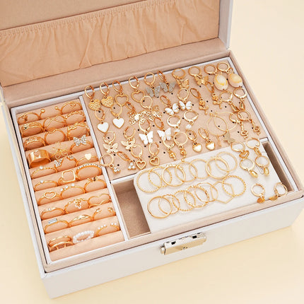 66 Pcs/Set Fashion Boho Gold Color Butterfly Love Earrings Ring Jewelry Set For Women Daily Vacation Wearing Gifts New 2024