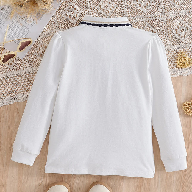 Girls' White Long Sleeve Polo T-shirt with Ruffled Collar And Bow Elegant Kids School Shirt for Ages 5-12