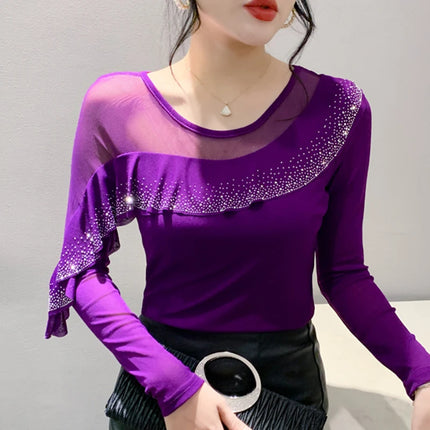 2025 Autumn New Style Mesh Tops Korean Fashion Round Neck Ruffles Shirt Lotus Leaf Edge Hot Diamond Long Sleeve Women T-Shirt