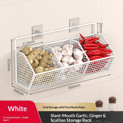 Wall Mounted Storage Basket No Drilling Hanging Basket for Ginger Garlic Kitchen Condiment Organizer Household Storage Rack