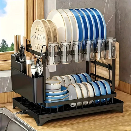Metal 2 Tier Kitchen Dish Storage Rack Countertop Tableware Drainer With Drip Tray Home Daily Kitchen Organizer