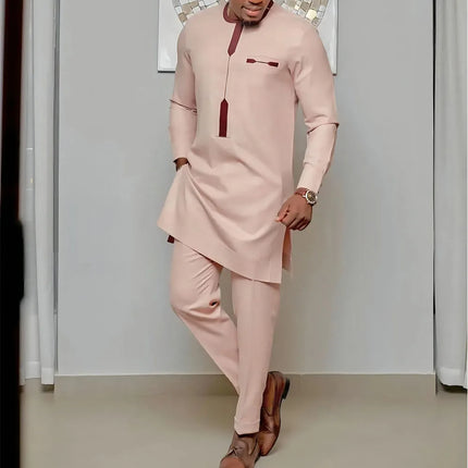 New Dashiki Men's Set Grey Round Neck Long Sleeve Luxury Brand Men's Suit Casual Slim Fit Men's Set Wedding Evening Suit