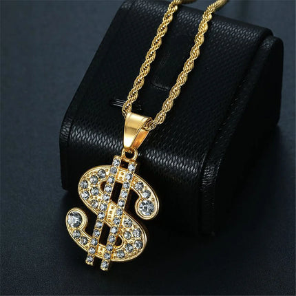 Fashion Men's Money Necklace Stainless Steel Gold Plated Jewelry Dollar Sign Pendant Necklaces for Men Hip Hop Rope Chain
