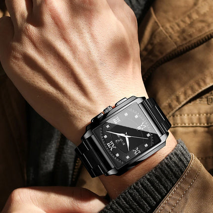 BINBOND Luxury Quartz Watch for Men Golden Square Large Dial 30M Waterproof Leather Strap Wrist Watches Date Display Men's Watch