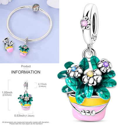 New 925 Sterling Silver Cactus Four Leaf Clover Charm Spring Green Series Bead Pendant For Original Beads Bracelet DIY Jewelry