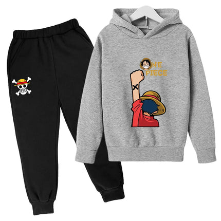 Boys Hoodie and Sweatpants Set for 3-12 Years Japanese Anime One Piece Luffy Zoro Kids Girls Casual Hooded Sweatshirt Tops