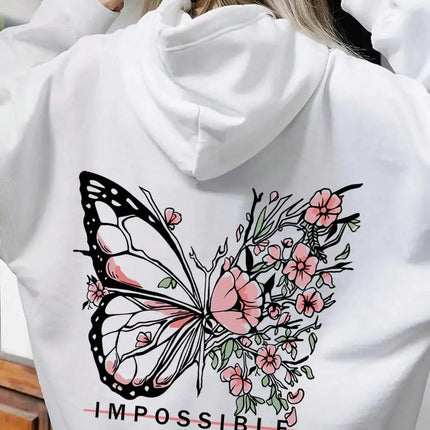 Women's Pink Butterfly Impossible Letters Pattern Printed Sweatshirt Fashion Warm Hoodie Loose Casual Hoodie Soft Clothing Y2K