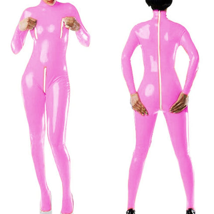 Sexy Faux Leather Jumpsuits for Women High Collar Zipper Open Crotch Open Chest Wet Look Bodysuits Nightclub Clothing Custom
