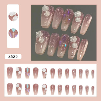 White Camellia 24 Pcs Press on Nails Pink Nail polish Glossy Artificial Finger Manicure Reusable False Nails
