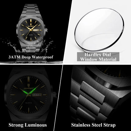 POEDAGAR Fashion Brand Man Clock Luminous Waterproof Stainless Steel Men's Watch Date Week Quartz Business Watches For Men Reloj