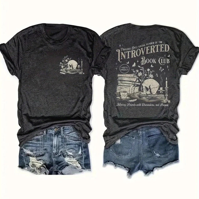 Ladies' Black Pattern Printed T-shirt - "Introverted But Dangerous" Book Club Design, Soft Round Neck Short Sleeve Casual Top