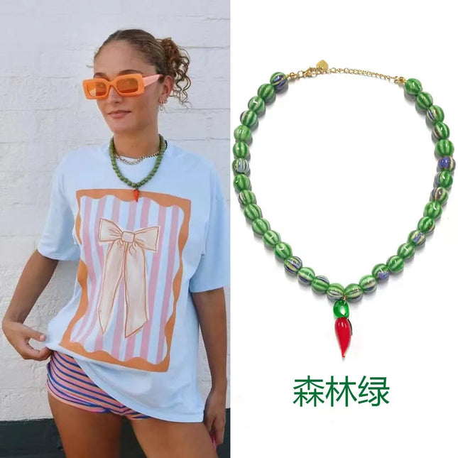 Vacation Fashion Green Ceramic Beads Chain Chilli Drop Handmade Necklace Stylish Unique Tarnish Resistant Trending Jewelry