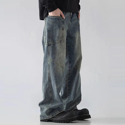 Korean Style Large Pocket Workwear Jeans Retro Blue Men'S Baggy Jeans Straight Leg Pants Casual Wide Leg Pants Casual Pants