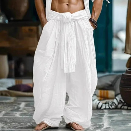 Ethnic Vestidos Casual Cotton And Linen Wide Leg Pants Men's Solid Color Comfortable And Trendy Pleated Pants Men's Streetwear