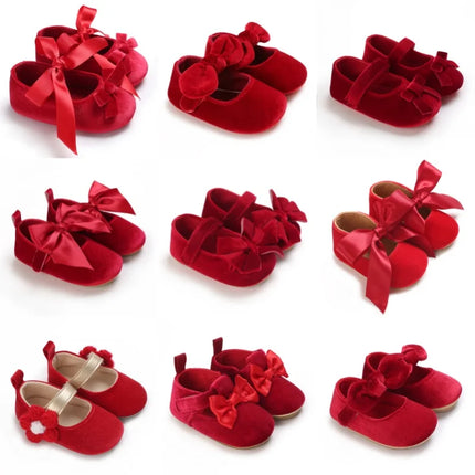 Spring and Autumn Red Fluffy Children's Shoes 0-1 Year Old Women's Treasure Bow Solid Color Princess Soft soled Shoes Baby Shoes