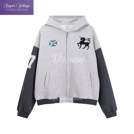 American retro Streetwear Zip Up Hoodie Women’s Y2K Raglan Sleeve Loose Fit Jacket  Autumn Hip Hop High Street Hooded Sweatshirt