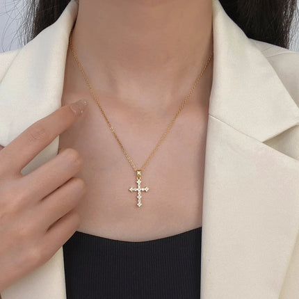 Female Full Zircon Big Cross Pendant Chains Necklaces For Women Gold Color Metal White Stone Clavicle Necklace Birthday Jewelry