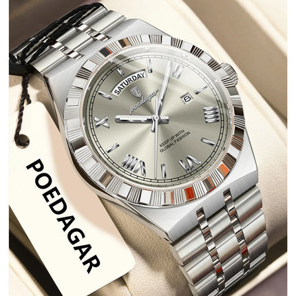 POEDAGAR Luxury Fashion Man Wristwatch Week Date Waterproof Luminous Men's Clock Stainless Steel Quartz Business Watches For Men