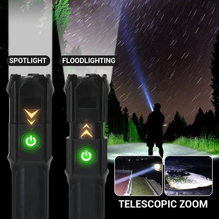 Powerful LED Camping Torch Flashlight High Power Rechargeable USB Waterproof Spotlight Telescopic Zoom Fishing Hunting Work Lamp