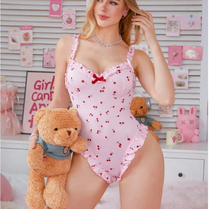 Foamlina Cute Pink Cherry Print Backless Teddy Lingerie for Women Sweet Bow Ruched Trim Spaghetti Strap Bodysuit for Nightwear