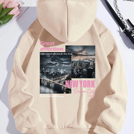 New York Dream City Printed Hoodies Casual Fashion Women Pullover Fleece Warm Pocket Sweatshirt Sporty Oversize Street Clothes