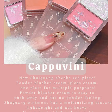 Cappuvini Double Water Glow Blush Cream Hydrating Blusher with Fine Shimmer Natural Makeup Effect Blush Palette