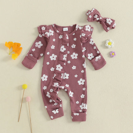 Toddler Baby Girl Floral Jumpsuit with Headband 2Pcs Clothing Knitted Set Children Long Sleeve Bodysuits Kids Sleepwear Overall