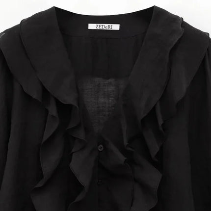 ETJ 2025  Women's Spring collection Beautiful Layered blouse Stylish sexy translucent ruffled V-neck long-sleeved shirt