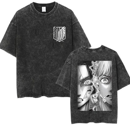 Anime Attack on Titan Vintage Washed Print T-shirt Mikasa Ackerman Eren Jaeger Wings of Freedom Logo Men's Summer Cotton T-shirts