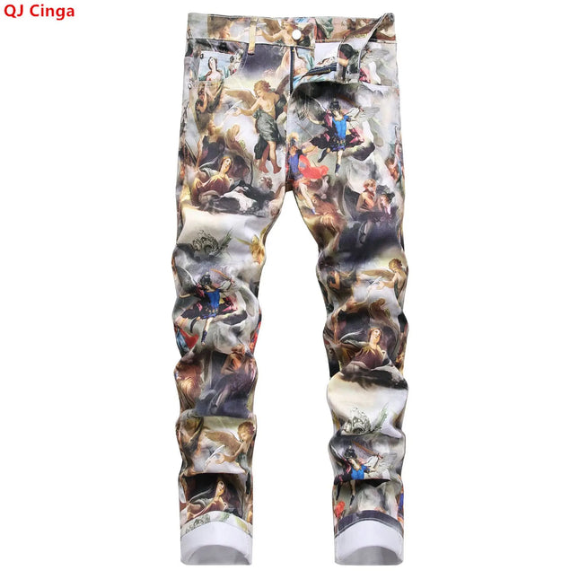 Best-selling Men's Stretch Jeans, Blue Checkered Denim Pants, Casual Trousers in Asian Sizes.
