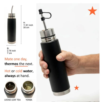 Self-Serving Stainless Steel Mate Bottle, 2-in-1 Thermal Mate Cup with Built-in Bombilla, Yerba Mate Thermos all in one