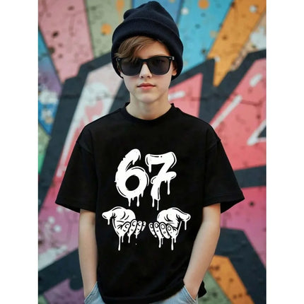 Fashion Funny 67 Six Seven Number Print Summer Comfortable Children's Short Sleeved Shirt Kid Cotton T-shirt Boy Current Tee Top