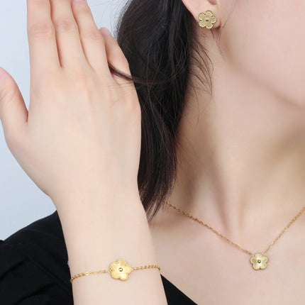 Metal Laser Five Leaf Flower Bracelet Necklace Earrings Jewelry Set Classic For Woman Stainless Steel Jewelry Daily Wear Clover