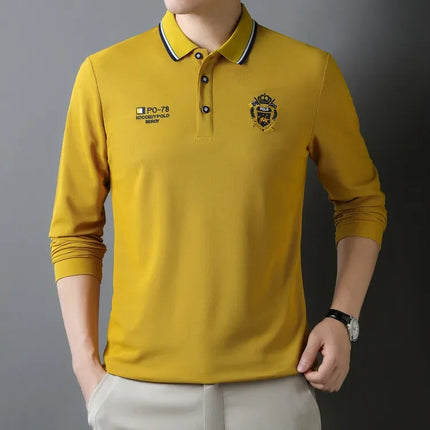 New Men's Long-sleeved Cotton Polo Shirt Fashion Embroidery Casual Bottom Pullover Shirts Tops Men's Clothing