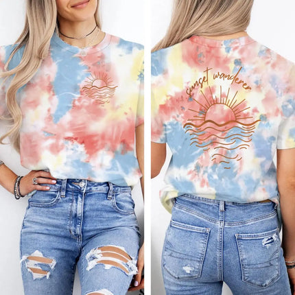 Beach Sunset Graphic T Shirts Women Men Beach Sunset Design Casual Tops Tees Tropical Beach Short Sleeve T-shirt