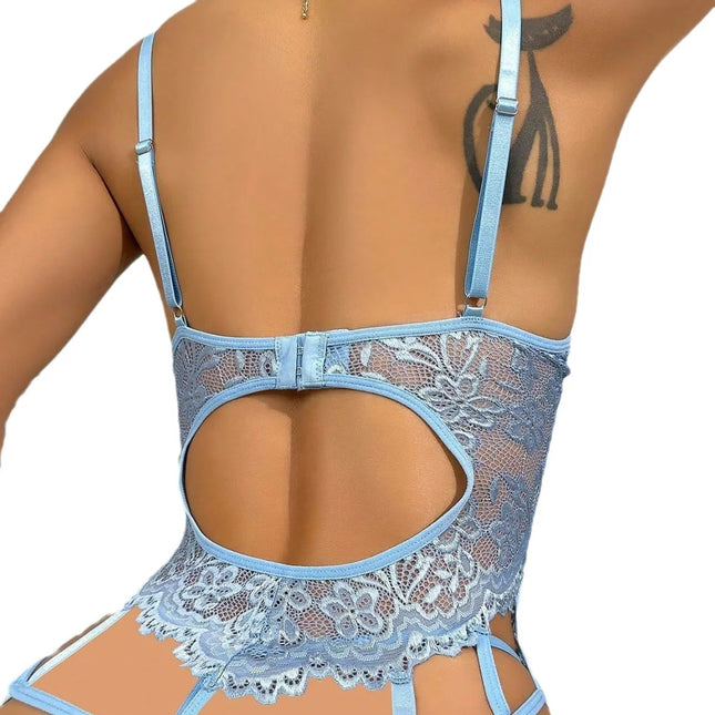 New Women's Sexy Lingerie Lace Bra Sets with Garter Belts One-Piece Bodysuit Teddy with Panty No Stockings S-XXL Hot Sale