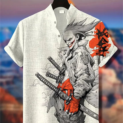 Men's short-sleeved shirt with samurai print and stylish ink painting design, summer casual men's top, trendy retro streetwear.