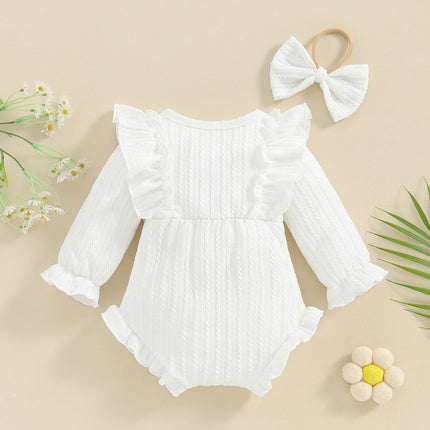 Pudcoco Infant Newborn Baby Girls Autumn Ruffle Romper Long Sleeve Crew Neck Button Up Romper with Headband 0-12M