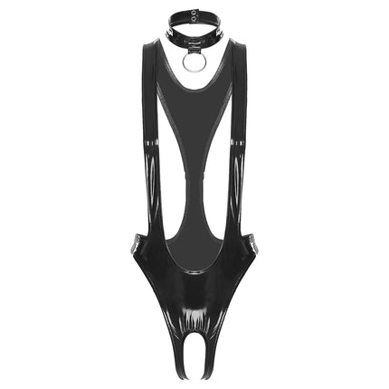 Womens Sexy Glossy Patent Leather Crotchless Bodysuit Monokini Sling Latex Catsuit Special Occasion Costume with Choker Necklace