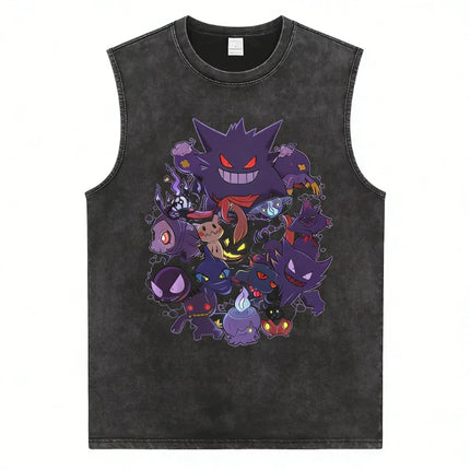 Men's Gengar Gastly Haunter Pokemon Vintage Washed Tank Top, Casual Cotton Sleeveless Anime Tee